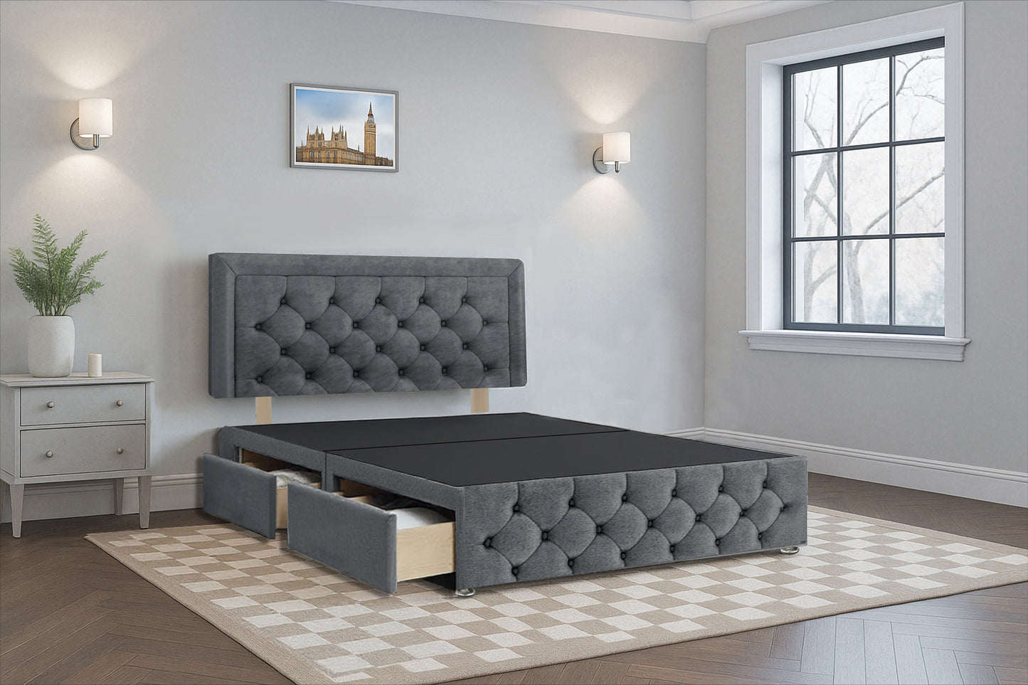 Belgium Premium Divan Bed Frame with Hardboard Base | Storage Drawers | Footboard Divan Bed